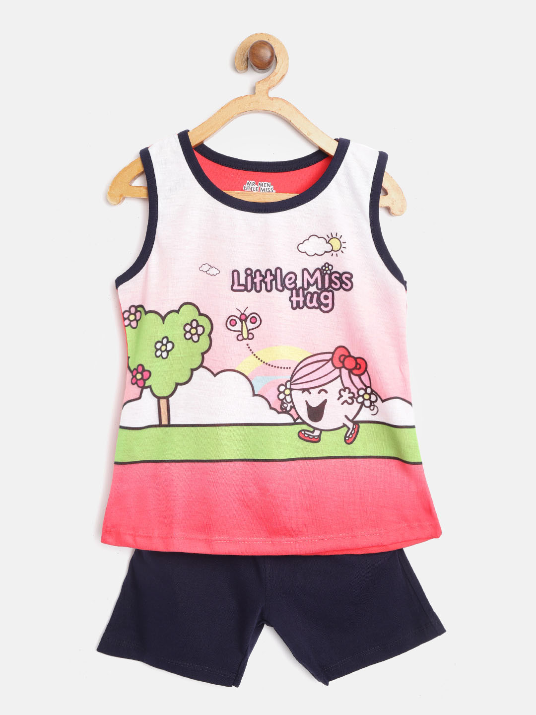 Eteenz Girls Coral Pink & Navy Blue Graphic Print T-shirt with Shorts