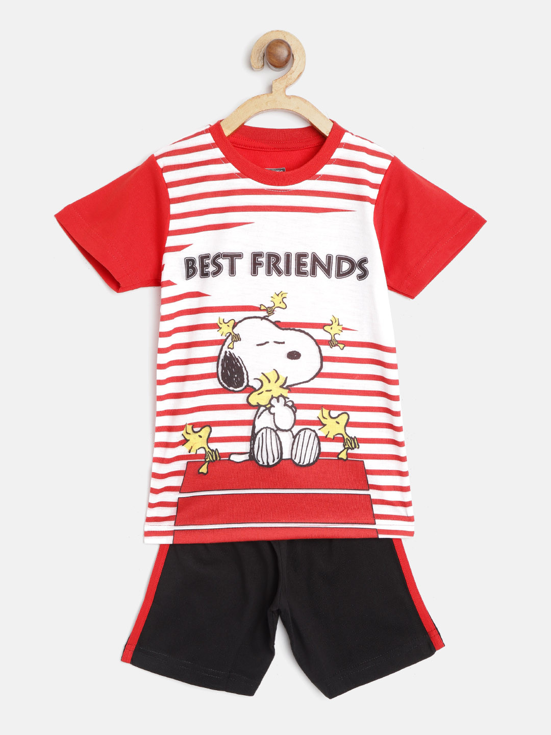 Eteenz Boys Red & Black Striped & Snoopy Print Pure Cotton T-shirt with Shorts