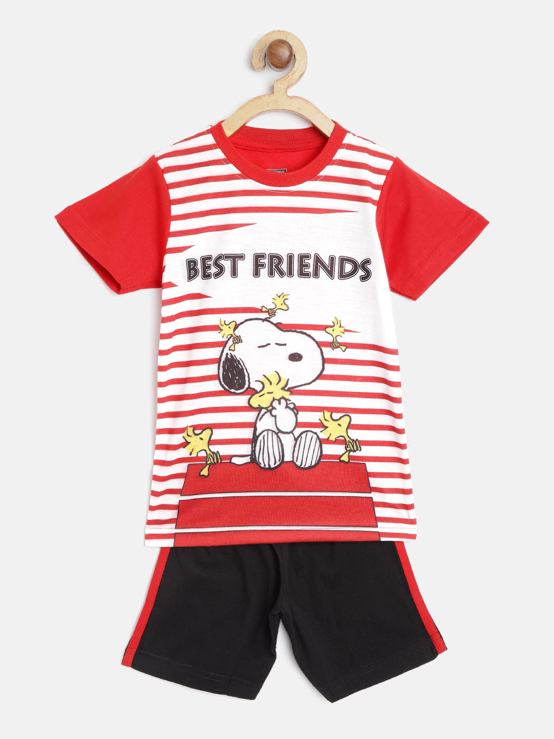 Eteenz Boys Red & White Striped & Snoopy Print Pure Cotton T-shirt with Shorts