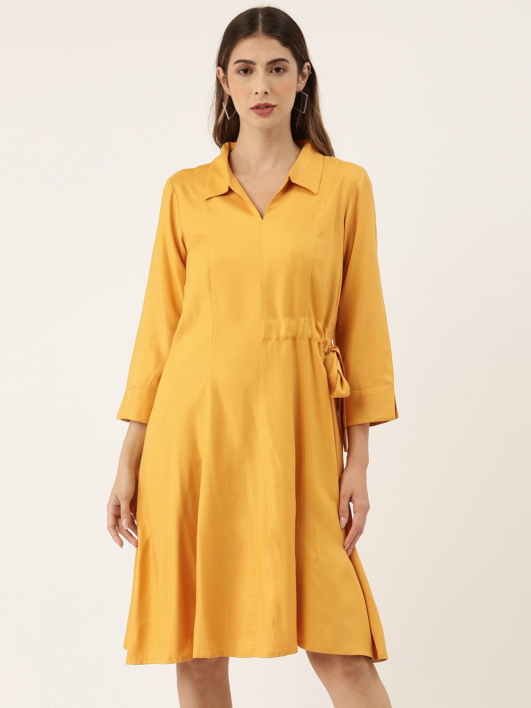 AND Women Mustard Yellow Solid Shirt Style Dress