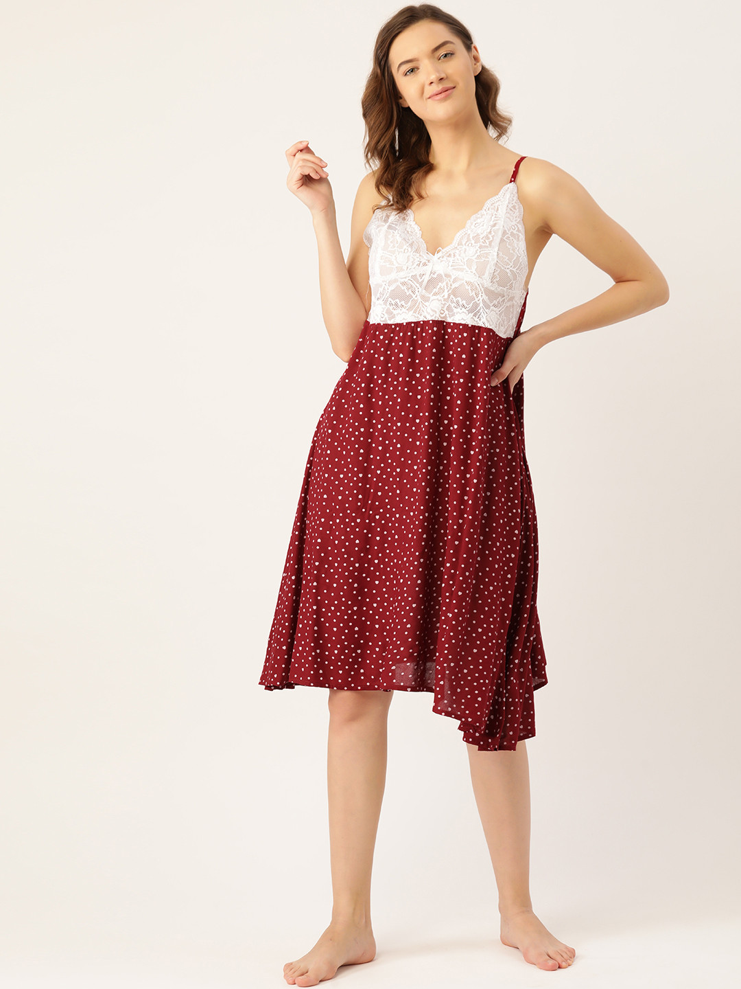 Ms.Lingies Maroon & White Heart & Polka Dot Print & Lace Baby Doll with G-String Briefs