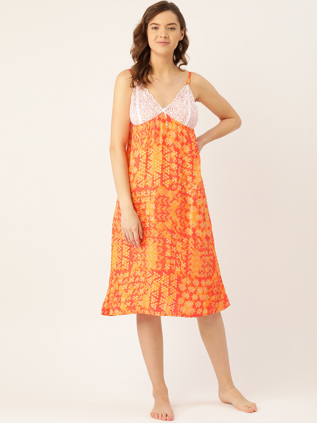 Ms.Lingies Orange & Coral Pink Printed & Lace Baby Doll