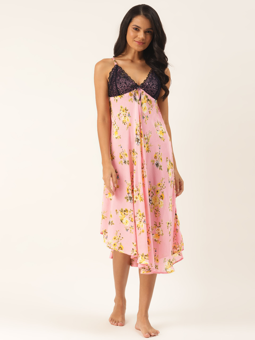 Ms.Lingies Pink & Navy Blue Floral Print Midi-Length Baby Doll with Thongs