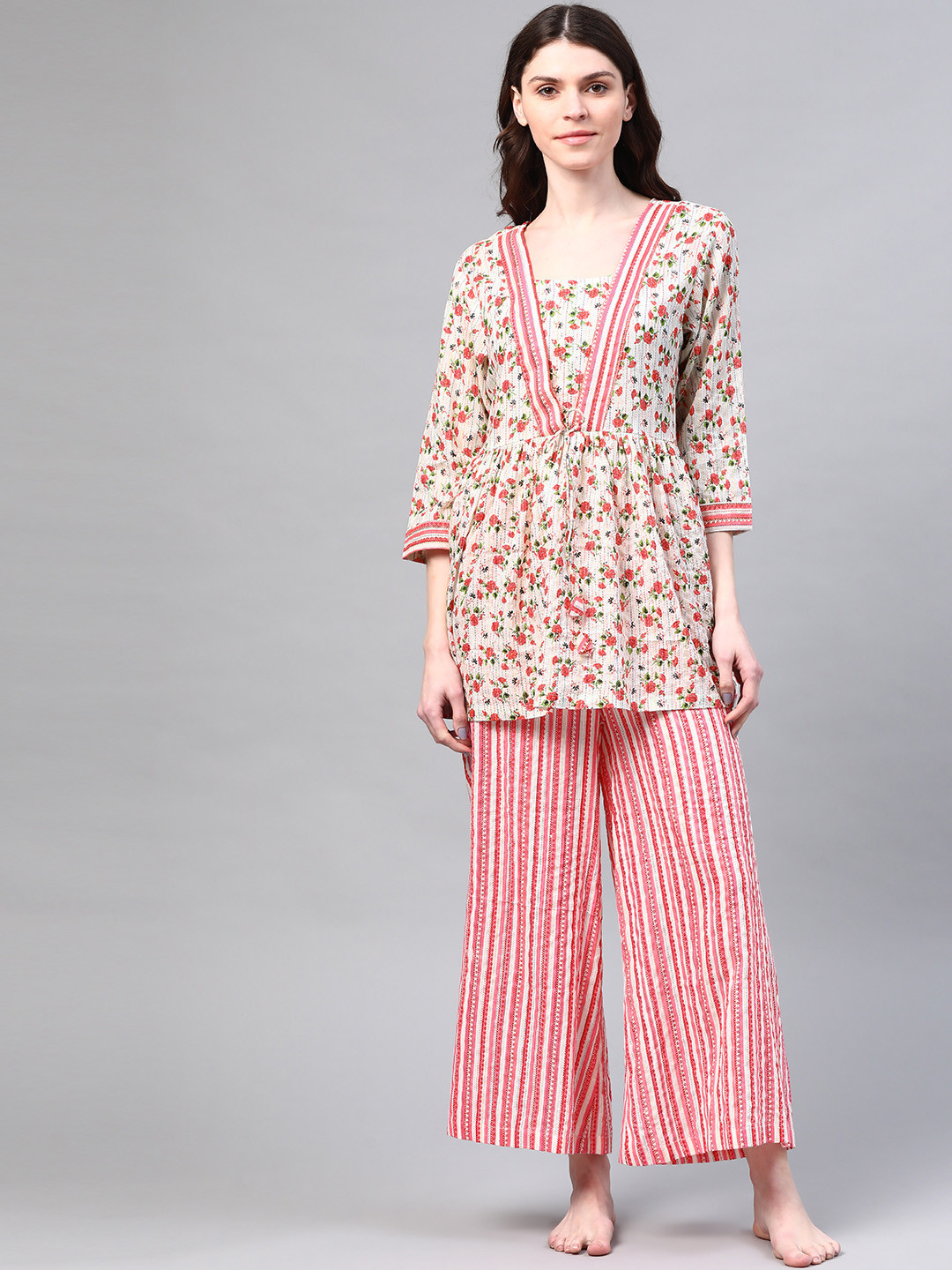 Laado - Pamper Yourself Women Off-White & Pink Floral Print Pure Cotton Night suit