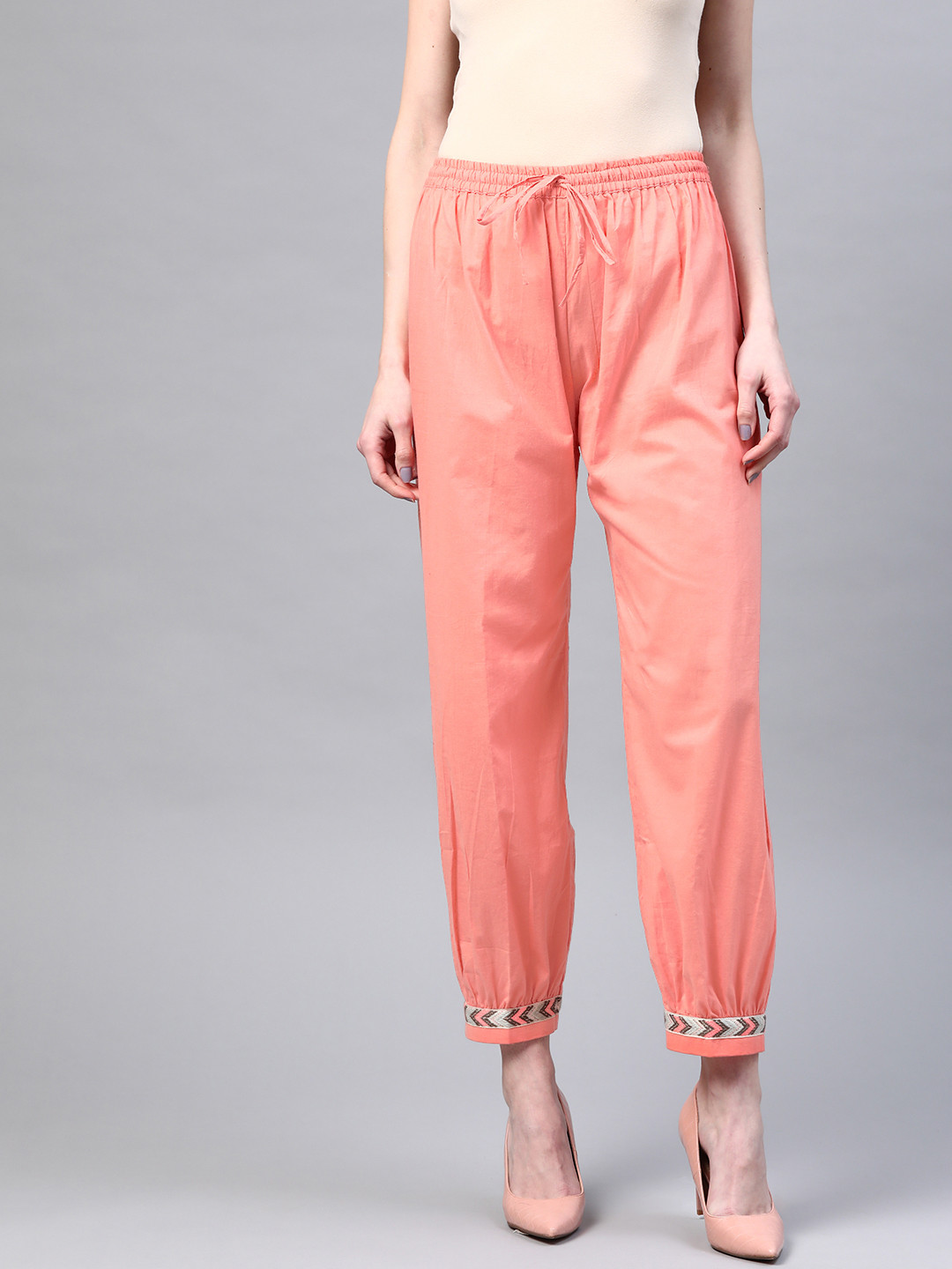 Laado - Pamper Yourself Women Peach Solid Pure Cotton Cropped Thread Work Sustainable Afghan Salwar