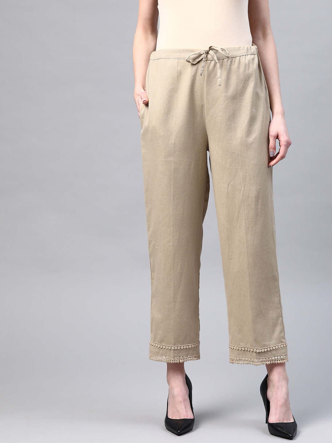 Laado - Pamper Yourself Women Beige Cotton Handloom Hem Design Straight Palazzos