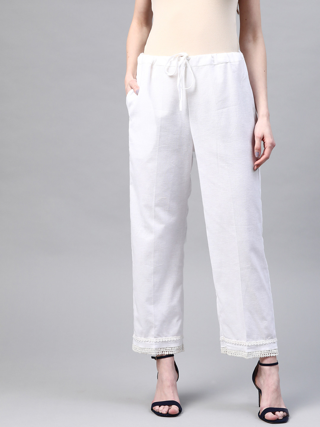 Laado - Pamper Yourself Women White Hem Design Cotton Handloom Straight Sustainable Palazzos