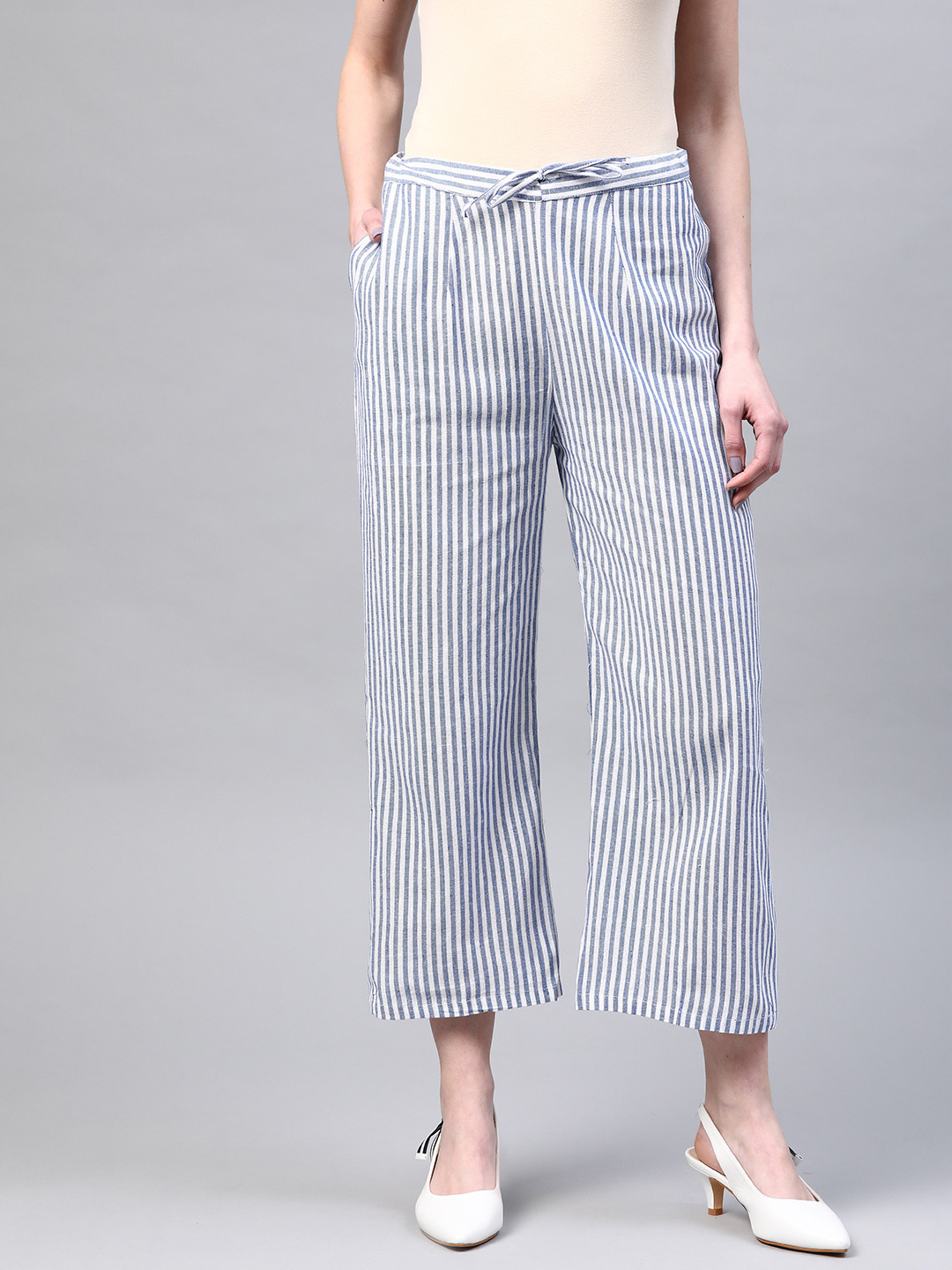 Laado - Pamper Yourself Women Blue & White Handloom Cotton Striped Wide Leg Sustainable Palazzos