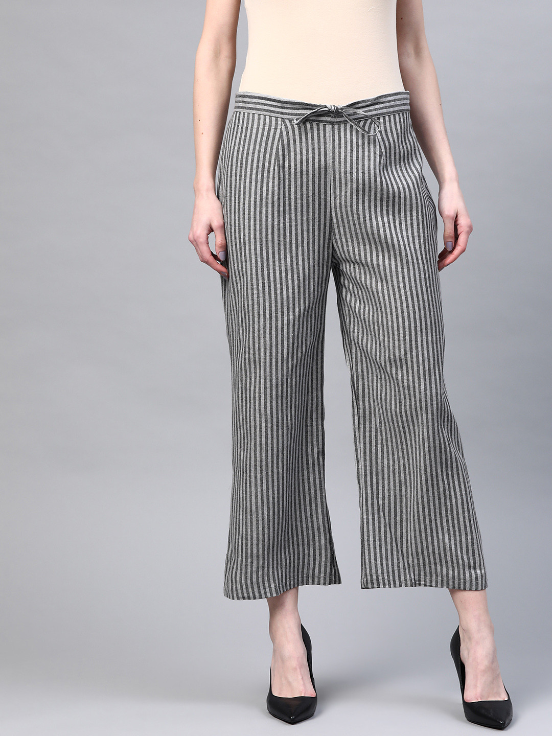 Laado - Pamper Yourself Women Black & Grey Handloom Cotton Striped Wide Leg Sustainable Palazzos
