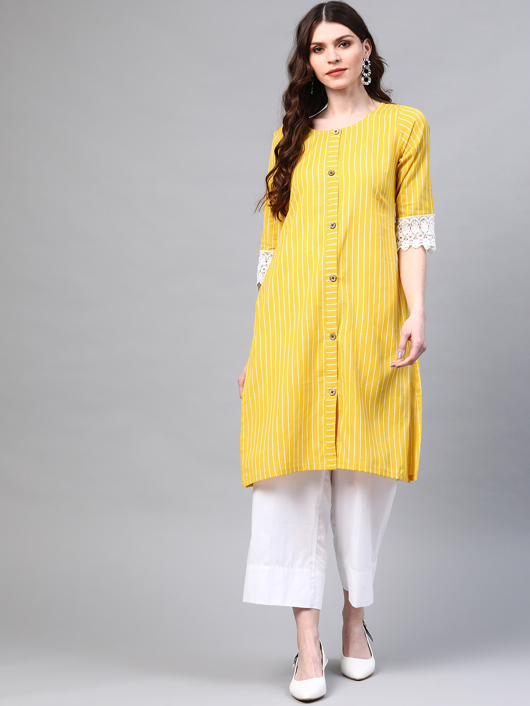 Laado - Pamper Yourself Women Mustard Yellow & White Cotton Striped Straight Kurta