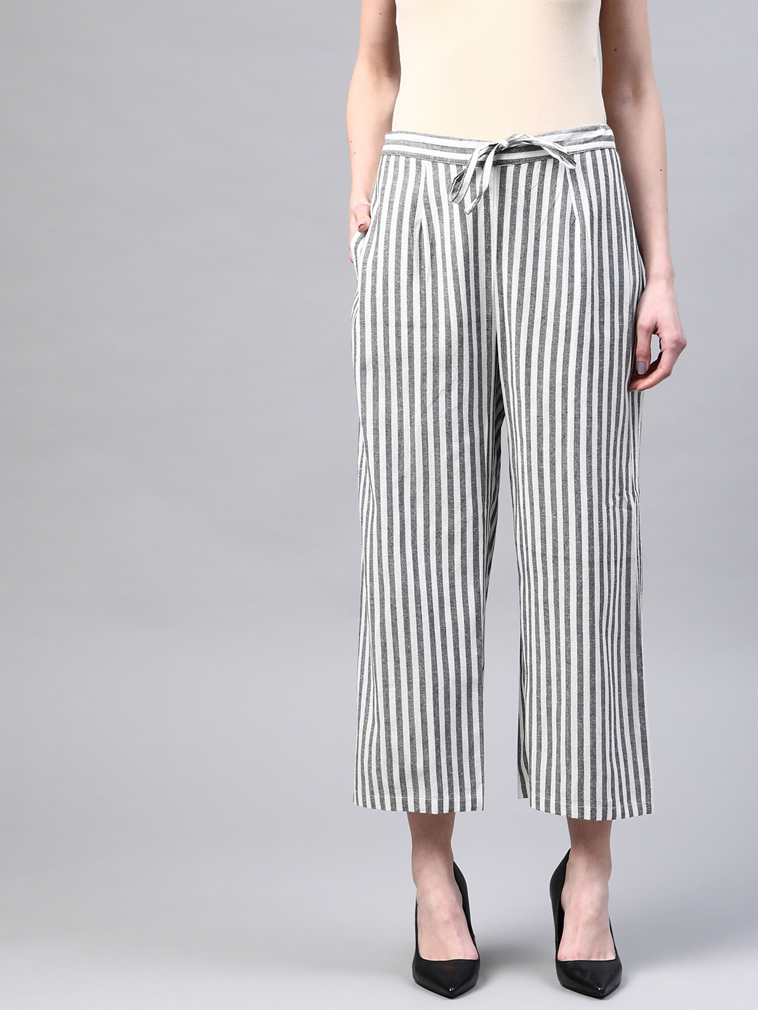 Laado - Pamper Yourself Women Black & White Handloom Cotton Striped Wide Leg Sustainable Palazzos