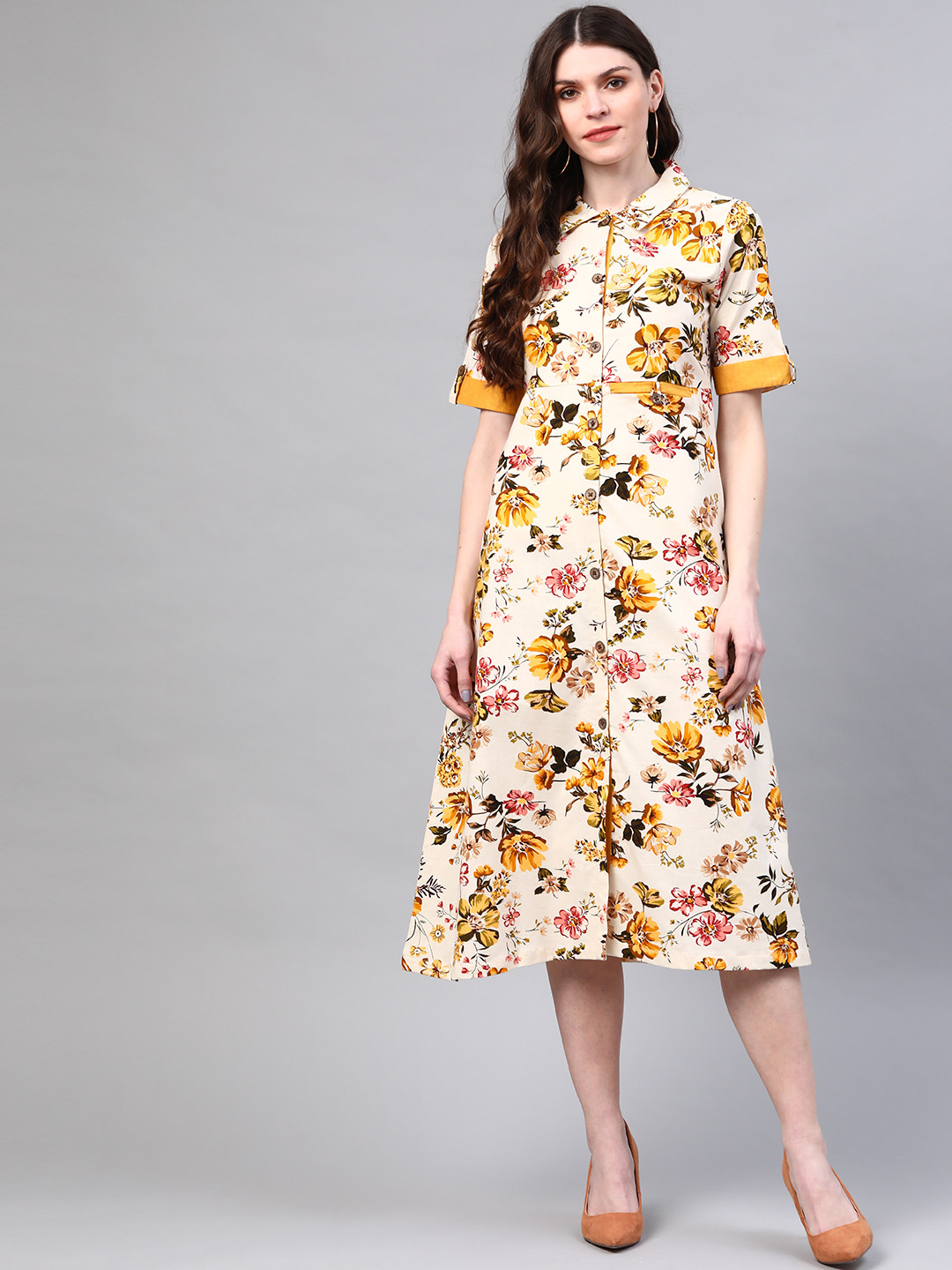 Laado - Pamper Yourself Women  Off-White & Yellow Linen Printed Shirt Dress