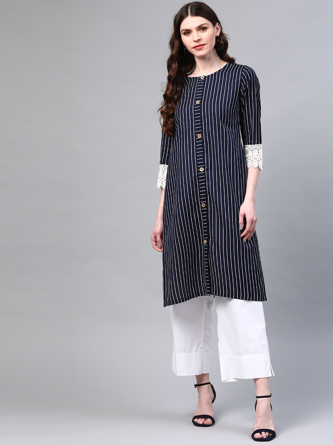 Laado - Pamper Yourself Women Navy Blue & White Cotton Striped Straight Kurta