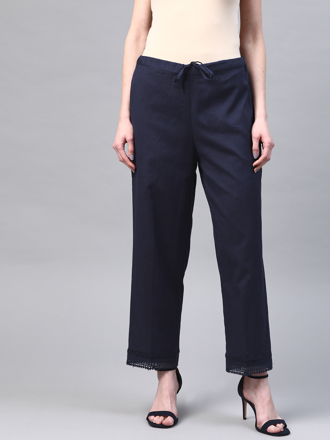 Laado - Pamper Yourself Women Navy Blue Hem Design Cotton Handloom Straight Palazzos