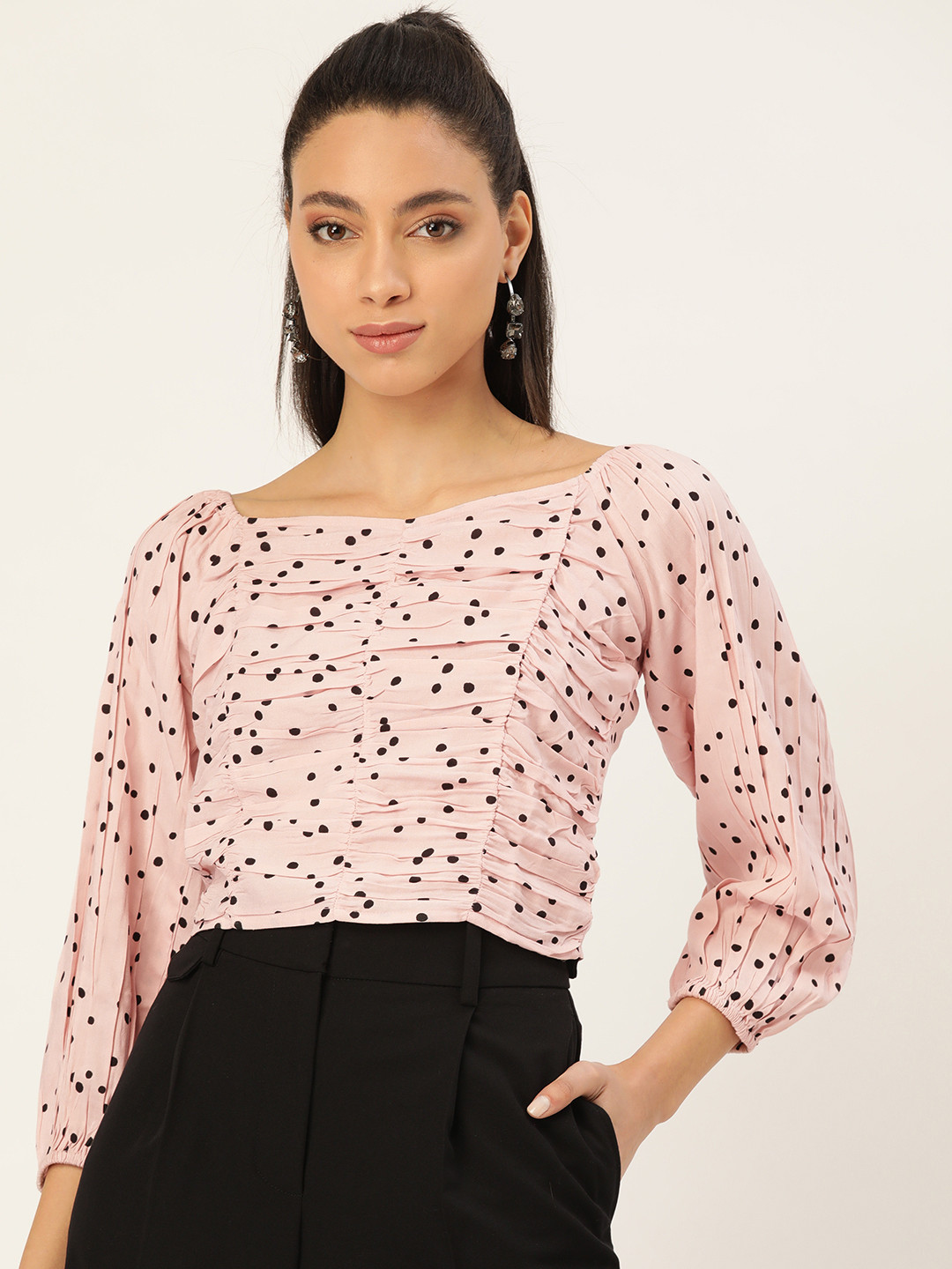 Antheaa Women Dusty Pink & Black Polka Dot Printed Crop Top