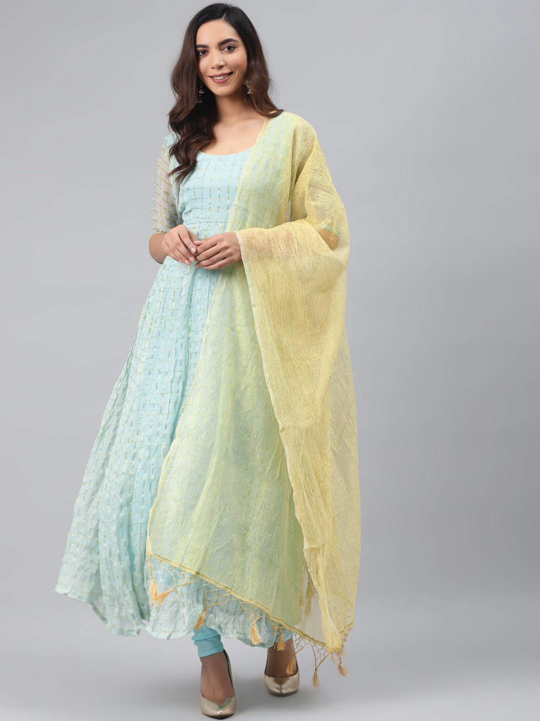 Rangpur Women Blue & Golden Woven Design Kurta with Churidar & Dupatta