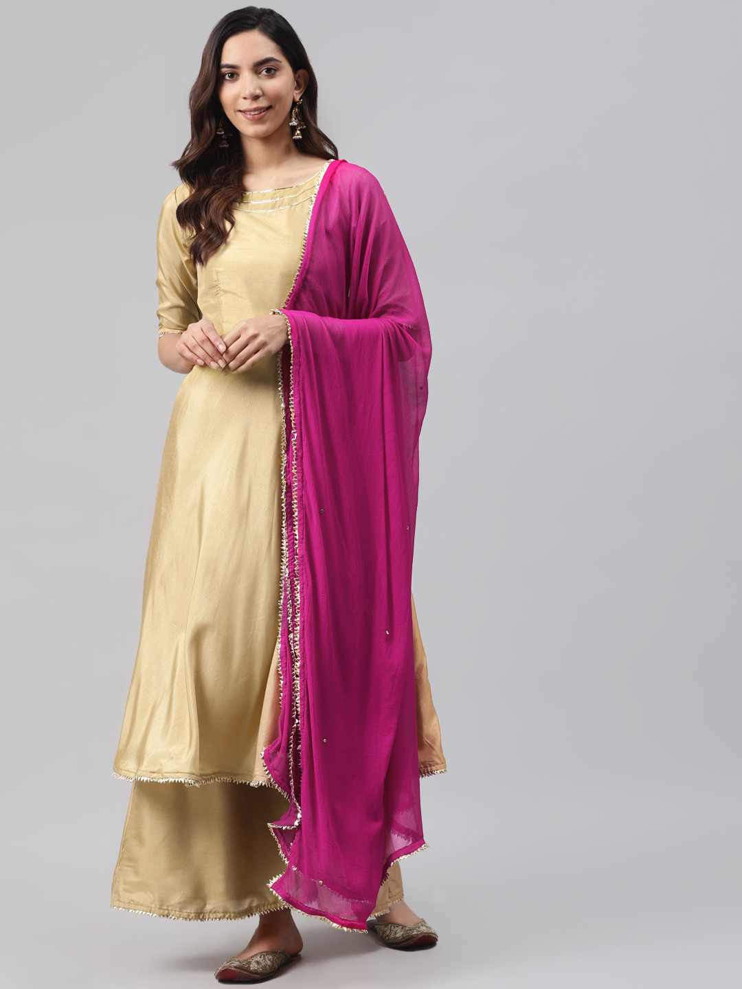 Rangpur Women Beige & Magenta Solid Kurta with Palazzos & Dupatta