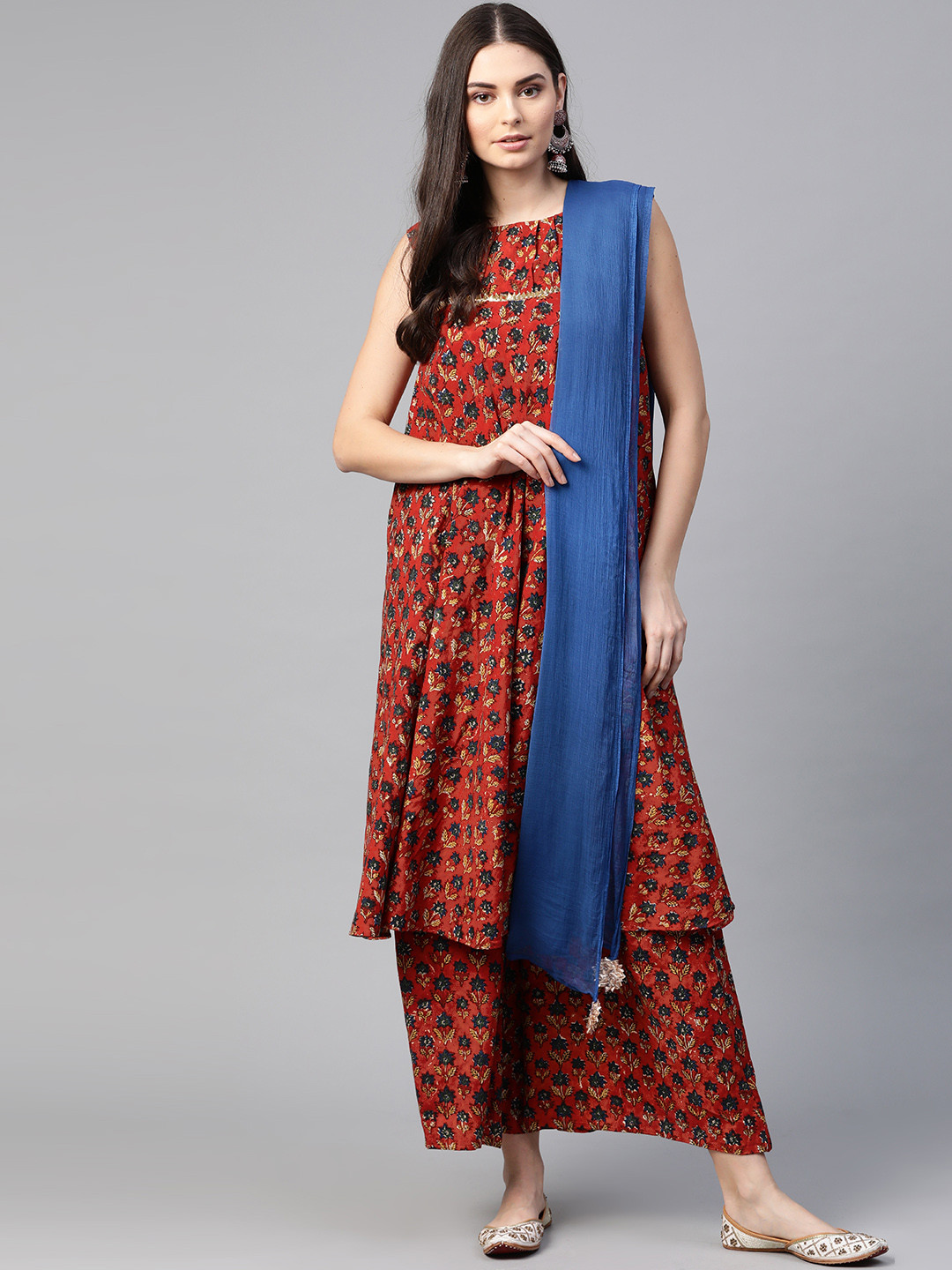 Rangpur Women Rust Orange & Navy Floral Print Pure Cotton Kurta with Palazzos & Dupatta
