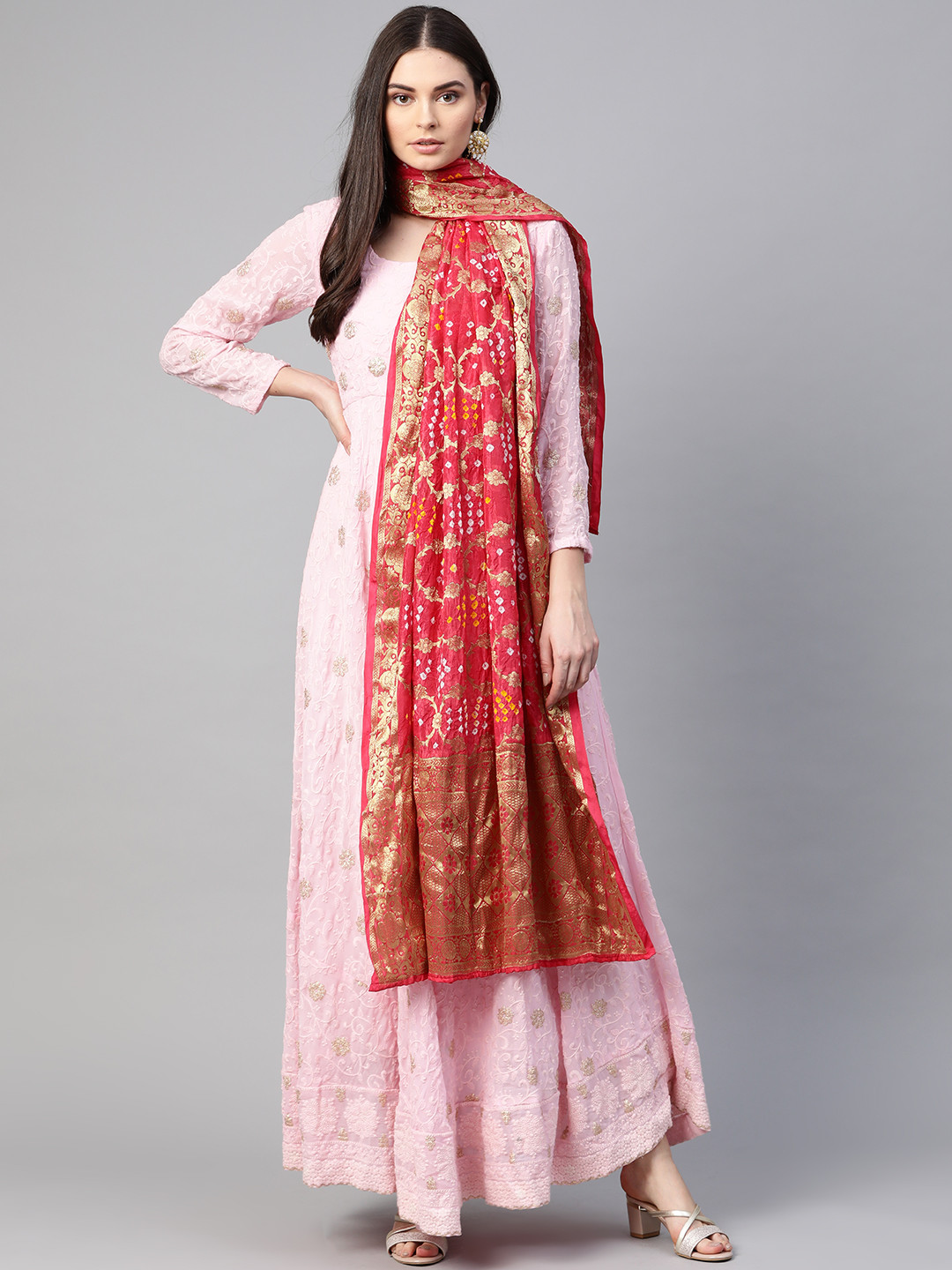 Rangpur Women Pink & Red Chikankari Embroidered Gharchola Gown with Dupatta