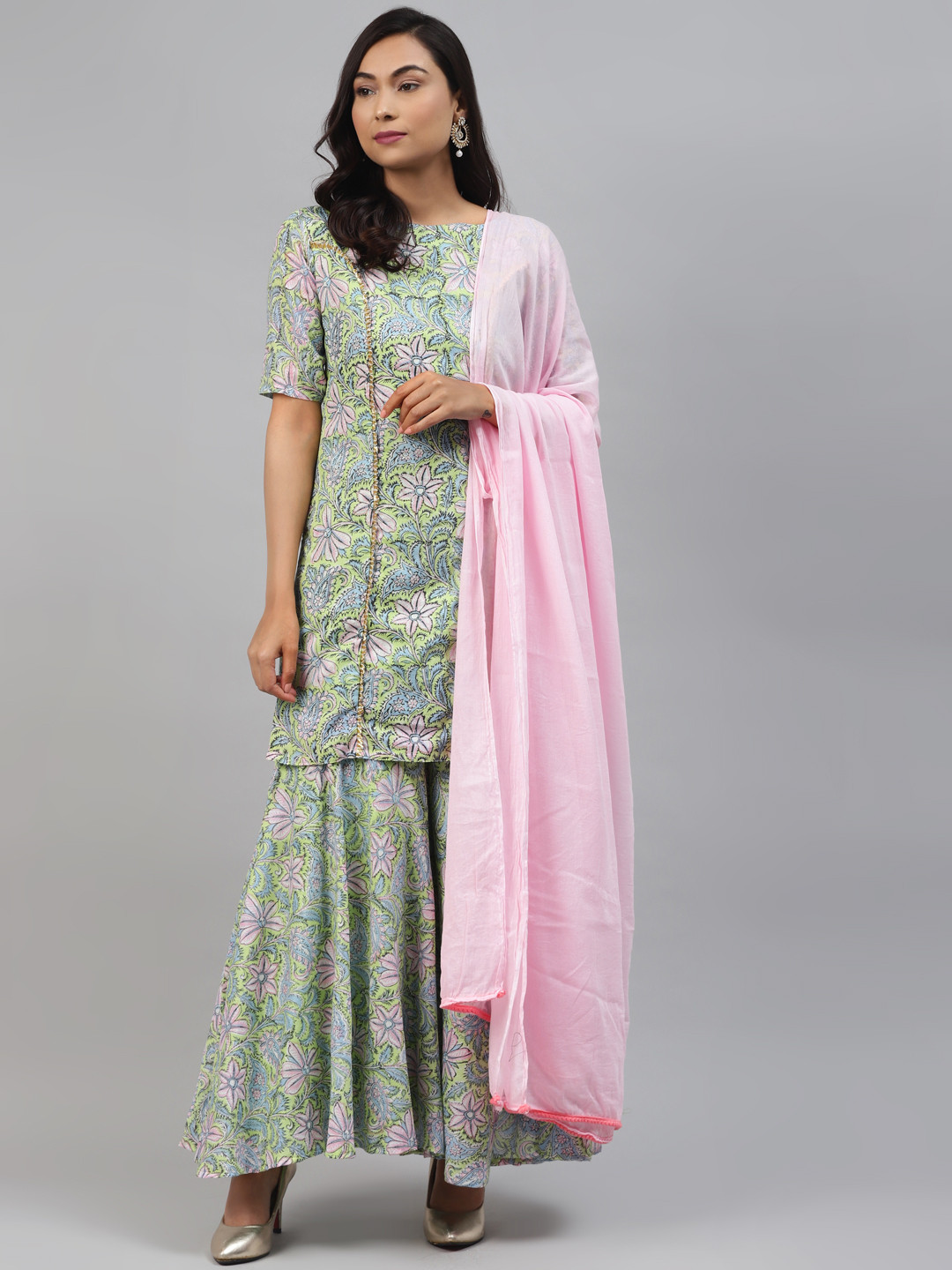 Rangpur Women Green & Pink Printed Kurta with Sharara & Dupatta