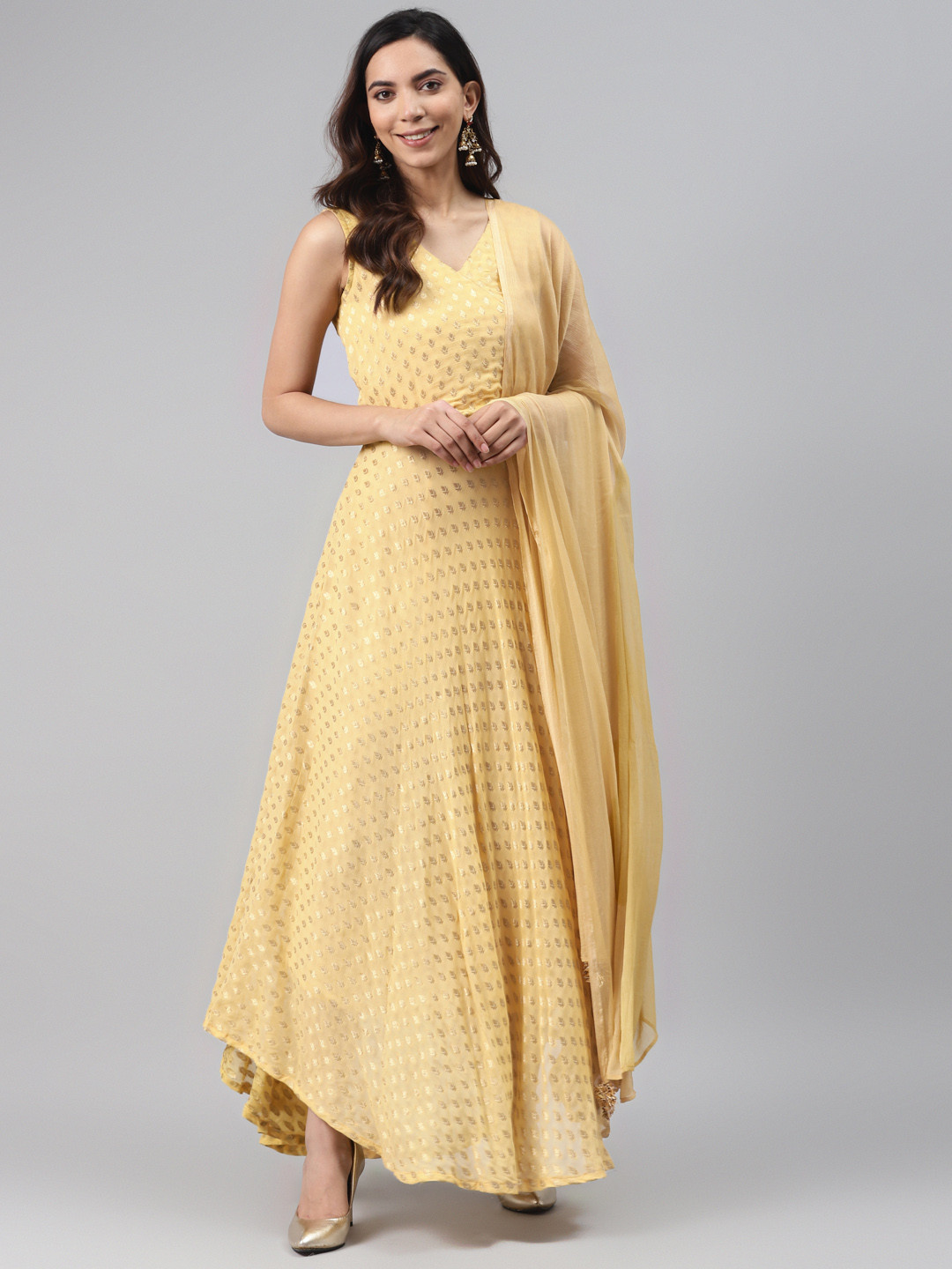 Rangpur Women Yellow & Golden Printed Angrakha Anarkali Maxi Ethnic Dress With Dupatta