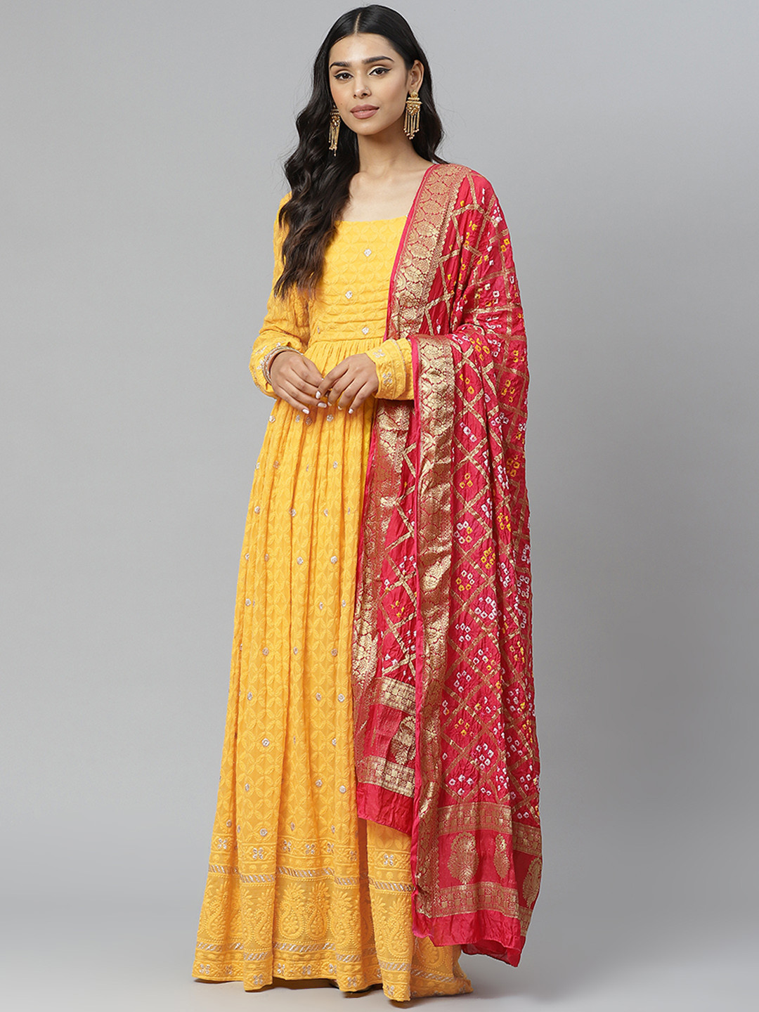 Rangpur Women Yellow & Red Geometric Chikankari Embroidered Maxi Dress & Printed Dupatta