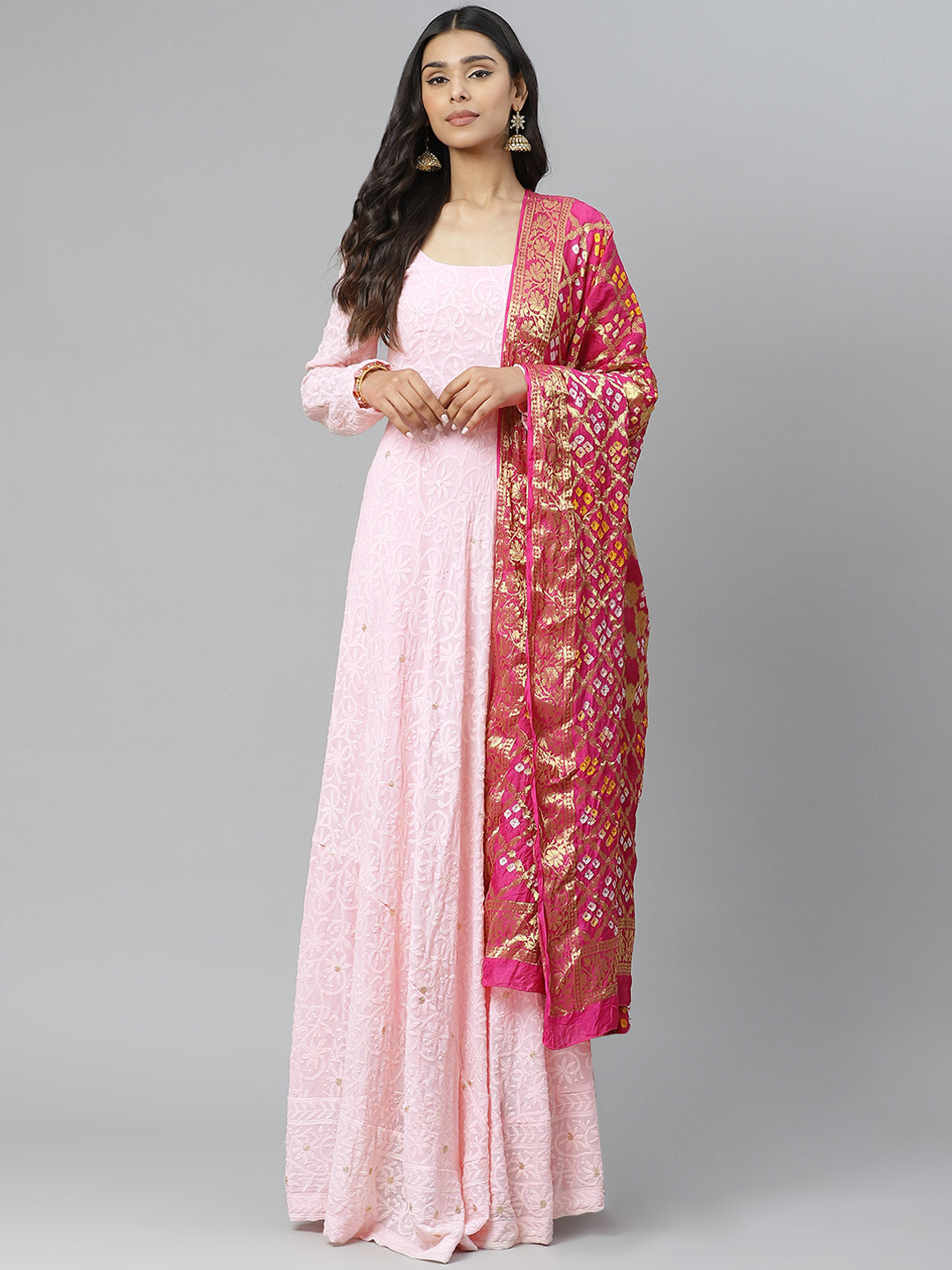 Rangpur Women Pink & White Chikankari Embroidered Maxi Dress with Printed Dupatta