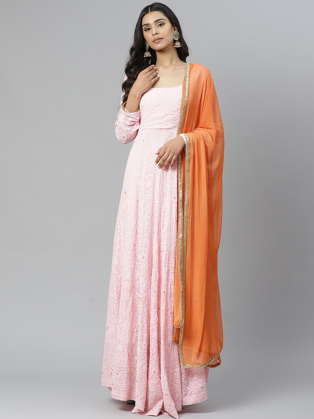 Rangpur Women Pink & Orange Chikankari Embroidered Maxi Dress with Dupatta