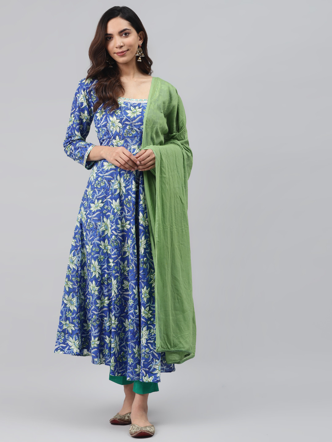 Rangpur Women Blue & Green Block Print Anarkali Kurta with Trousers & Dupatta