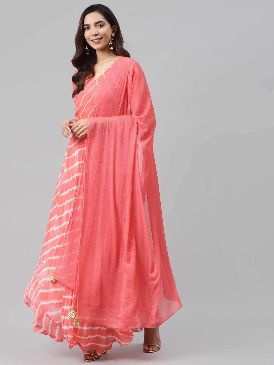 Rangpur Women Peach-Coloured Leheriya Angrakha Anarkali Dress & Dupatta