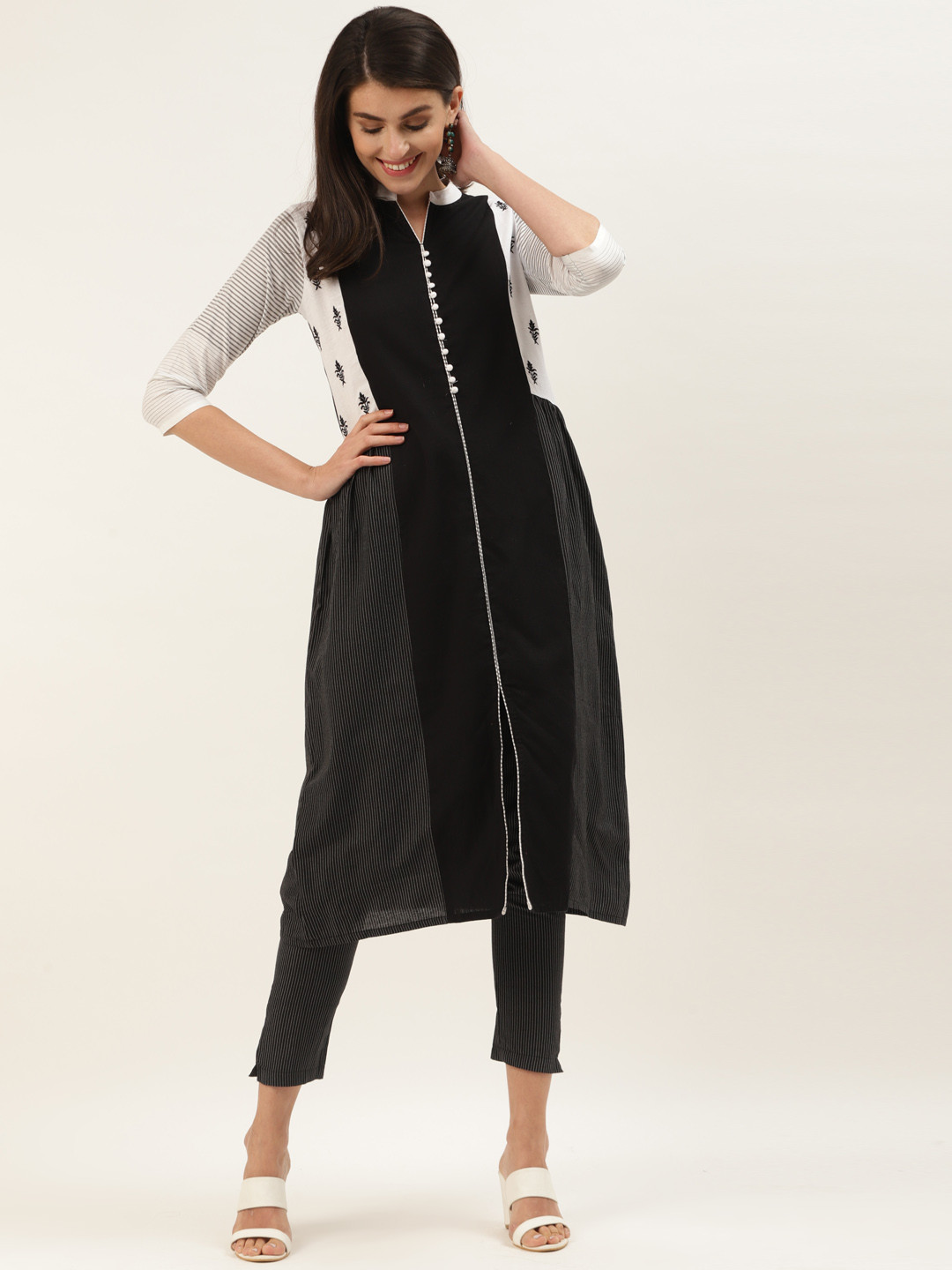 Varanga Women Black & White Striped Kurta with Trousers