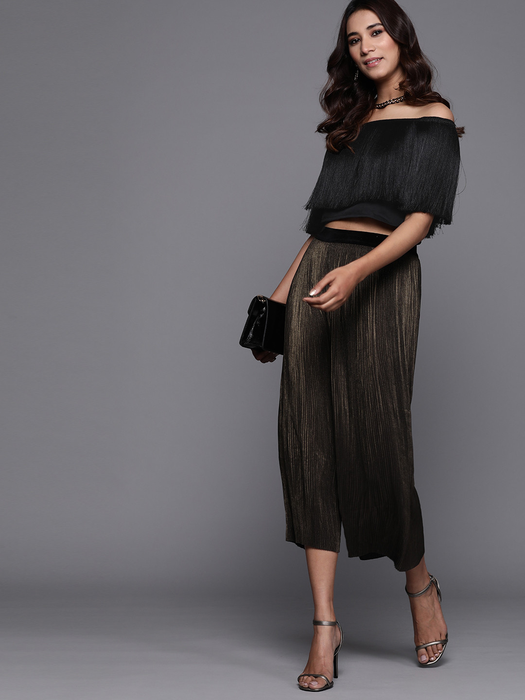 Inddus Women Black Self-Design Crop Bardot Top