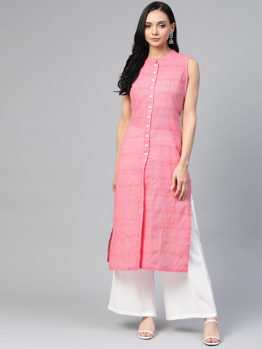 Jompers Women Pink Pure Cotton Woven Design Straight Kurta