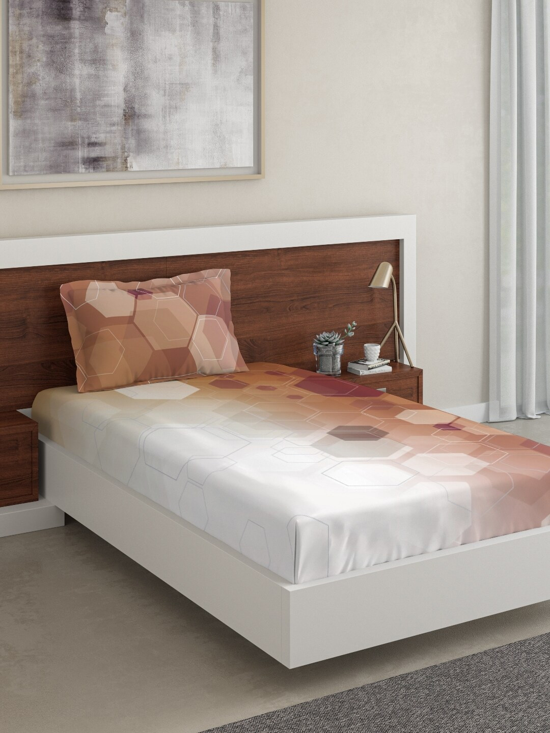 DDecor White & Brown Geometric Printed 144 TC Single Bedsheet With 1 Pillow Cover