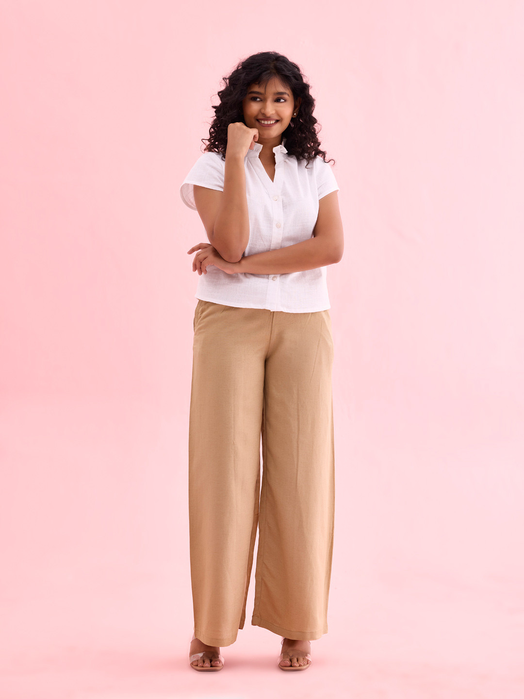 Go Colors Women Beige Solid Wide Leg Palazzos