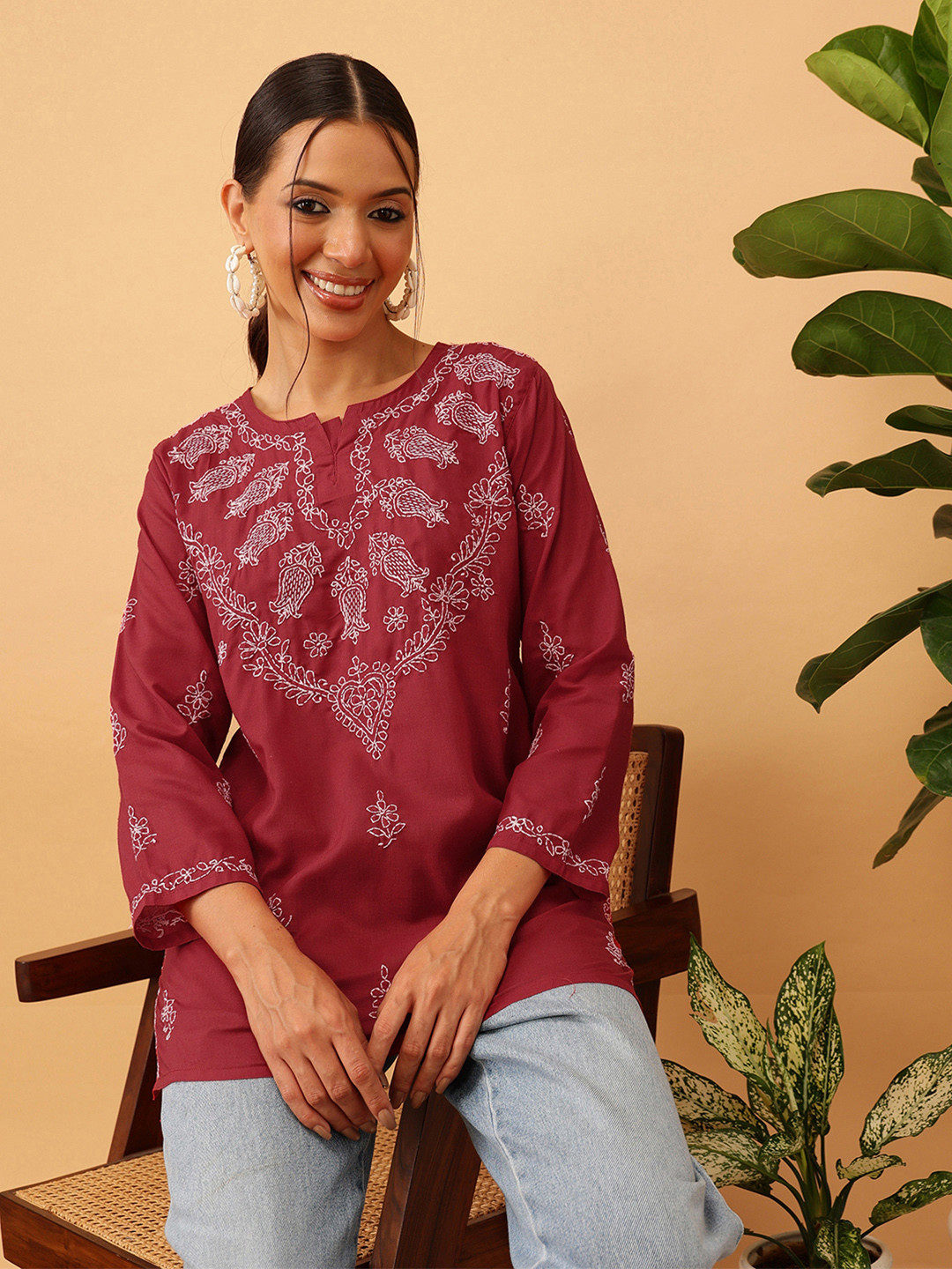 ADA Women Maroon & White Chikankari Embroidered Pure Cotton Straight  Kurti