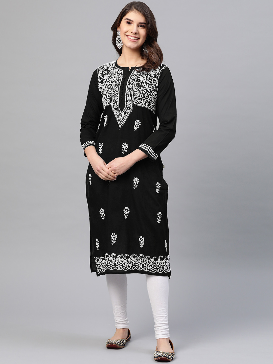 ADA Women Black & White Chikankari Embroidered Straight Sustainable Handloom Kurta