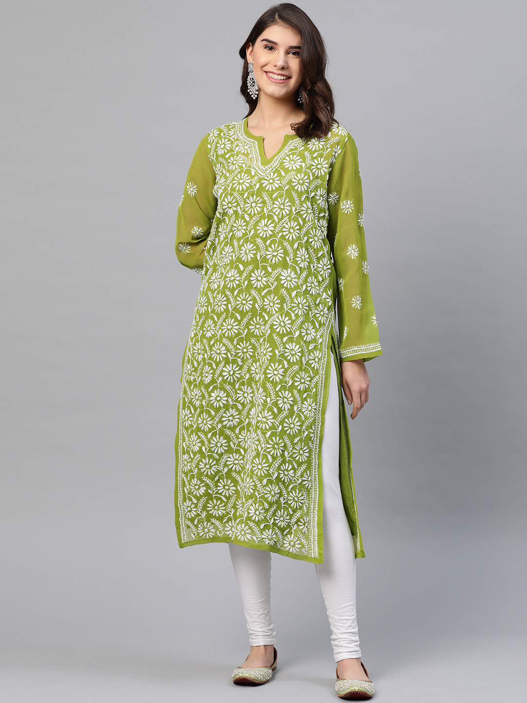 ADA Women Olive Green & White Chikankari Embroidered Straight Sustainable Handloom Kurta With Slip