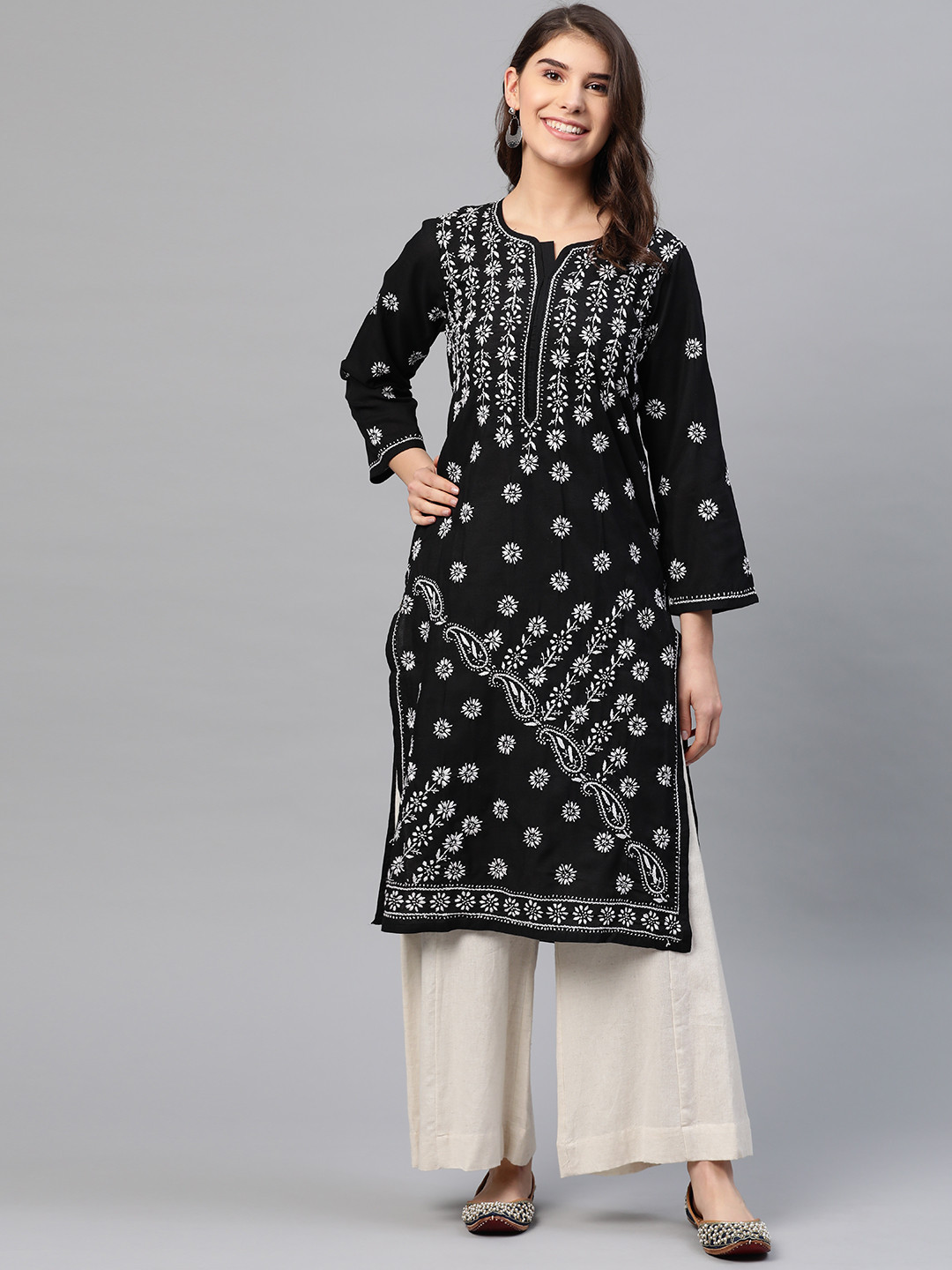 ADA Women Black & White Chikankari Hand Embroidered Pure Cotton Straight Sustainable Kurta