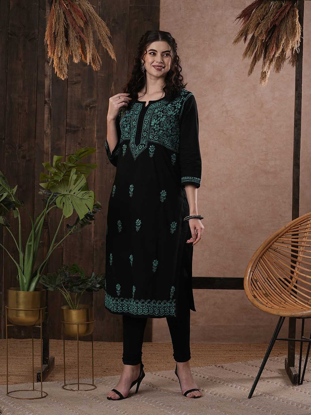 ADA Women Black & Green Chikankari Hand Embroidered Pure Cotton Straight  Kurta