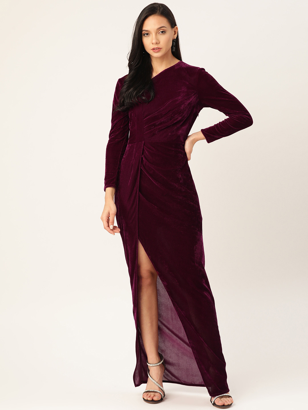 DODO & MOA Women Burgundy Velvet Finish Solid High-Slit Wrap Maxi Dress