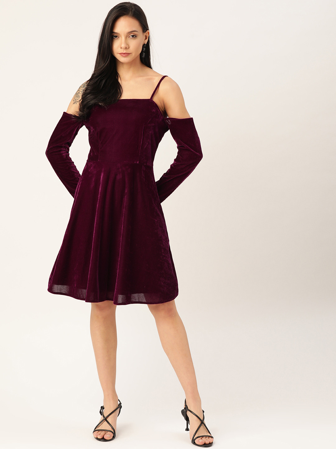 DODO & MOA Women Burgundy Velvet Finish Solid Fit and Flare Dress