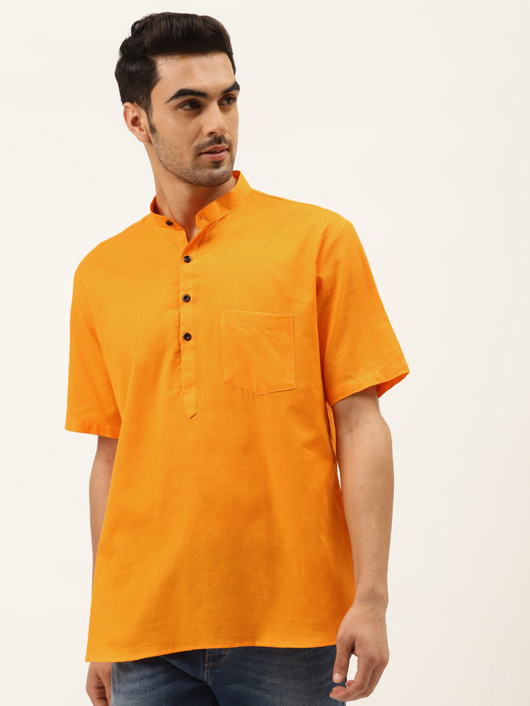 RAJUBHAI HARGOVINDAS Men Mustard Yellow Solid Straight Kurta