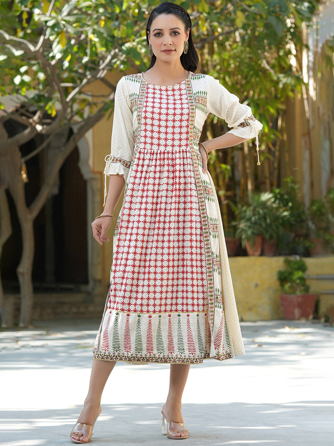 Ivory Ethnic Motif Printed Rayon Dress & Dori Tie-Up With Tassels On Sleeves