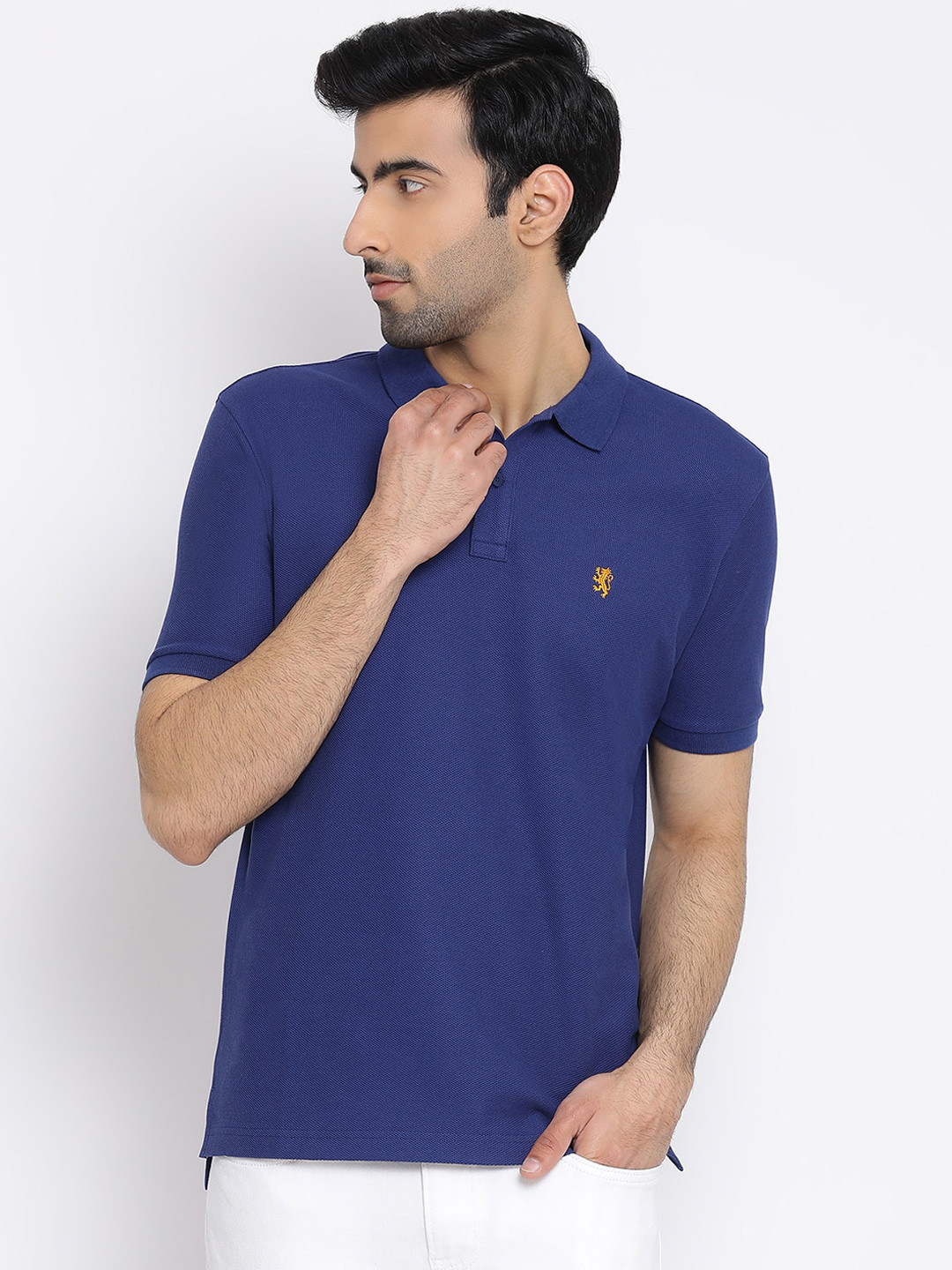 Red Tape Men Navy Blue Solid Polo Collar Pure Cotton T-shirt