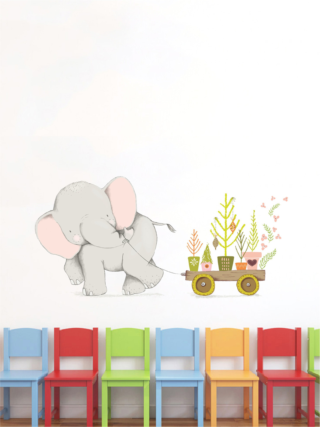 rawpockets Multicolored Elephant Pull Truck Cartoon Wall Stickers