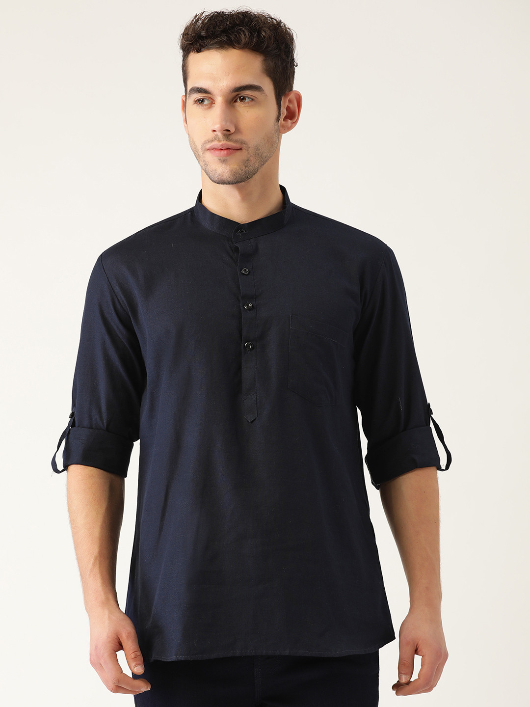 RAJUBHAI HARGOVINDAS Men Navy Linen Solid Straight Kurta