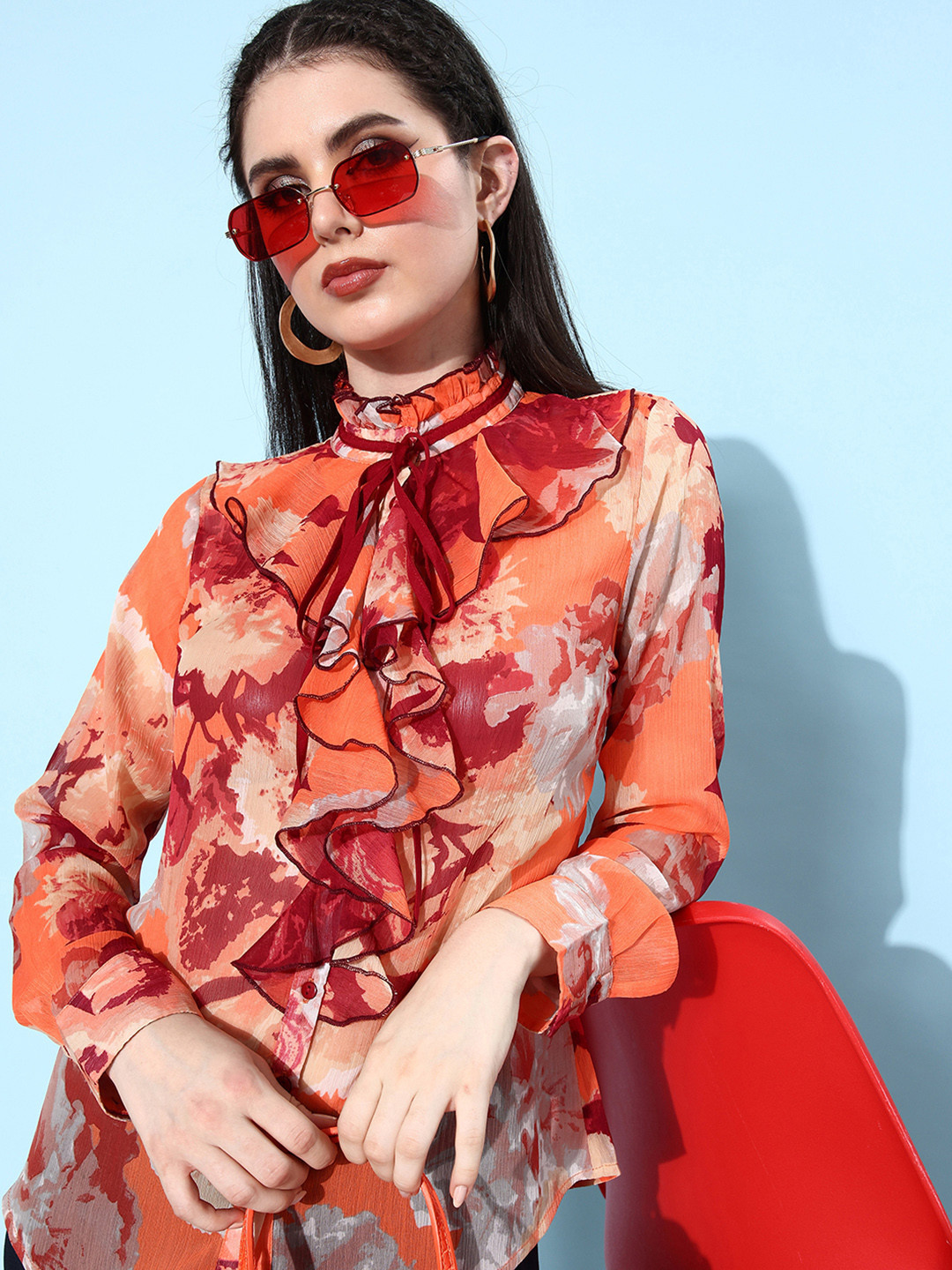 QUIERO Women Orange & Red Regular Fit Floral Printed Casual Shirt