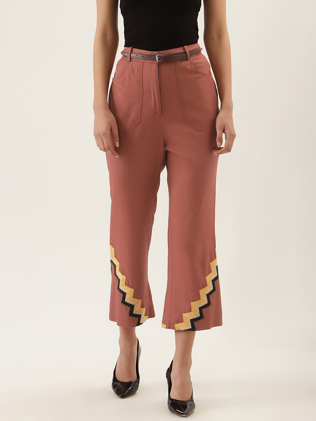 QUIERO Women Rust Brown Regular Fit Solid Crop Trousers with Embroidered Detail