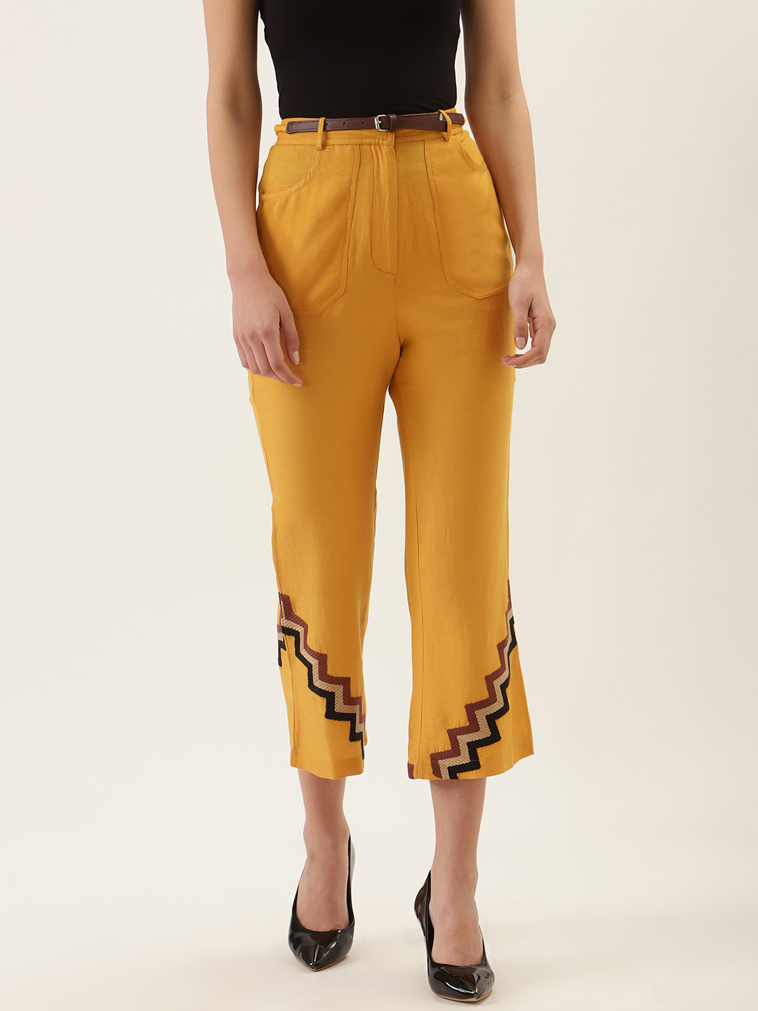QUIERO Women Mustard Yellow Regular Fit Solid Crop Trousers with Embroidered Detail